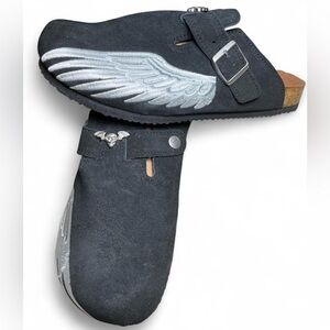 Black Leather Angel Wings Buckle Mule Shoes Cowhide Clogs - Brand New